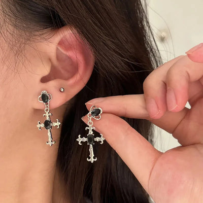 Gothic Cross Black Drill Drop Earrings Women